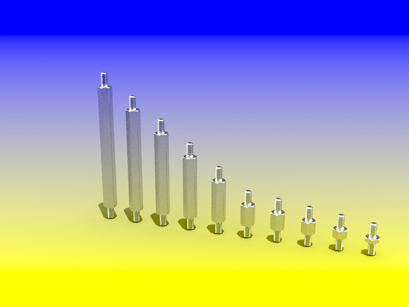 外螺纹-外螺纹M1.6螺纹六角支架。身高从1，2，3，4，5，10，15...30毫米。六角3毫米和螺纹长度3毫米